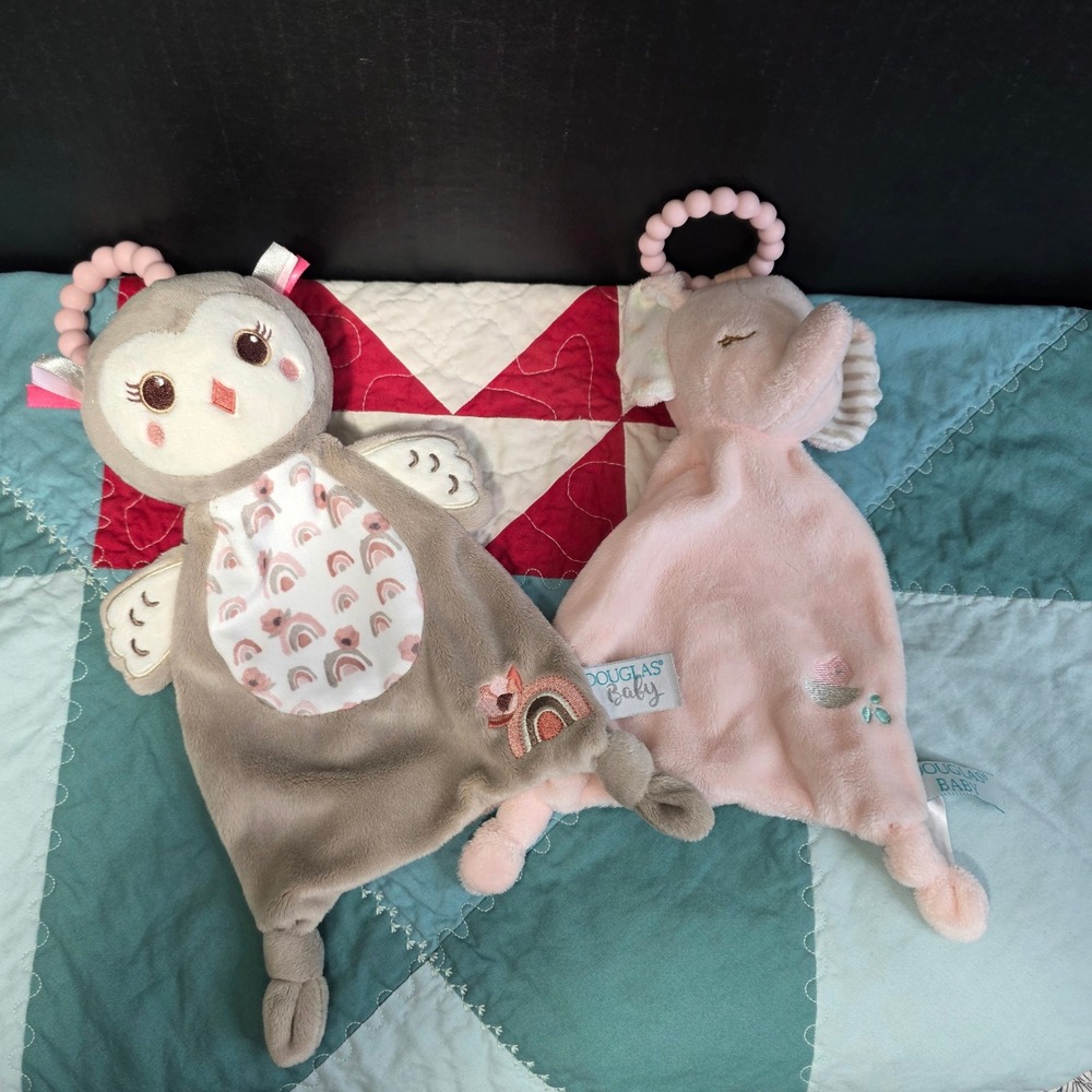 Douglas Baby Plush Lovey Set Tan Owl Pink Elephant Teether Security Blankets